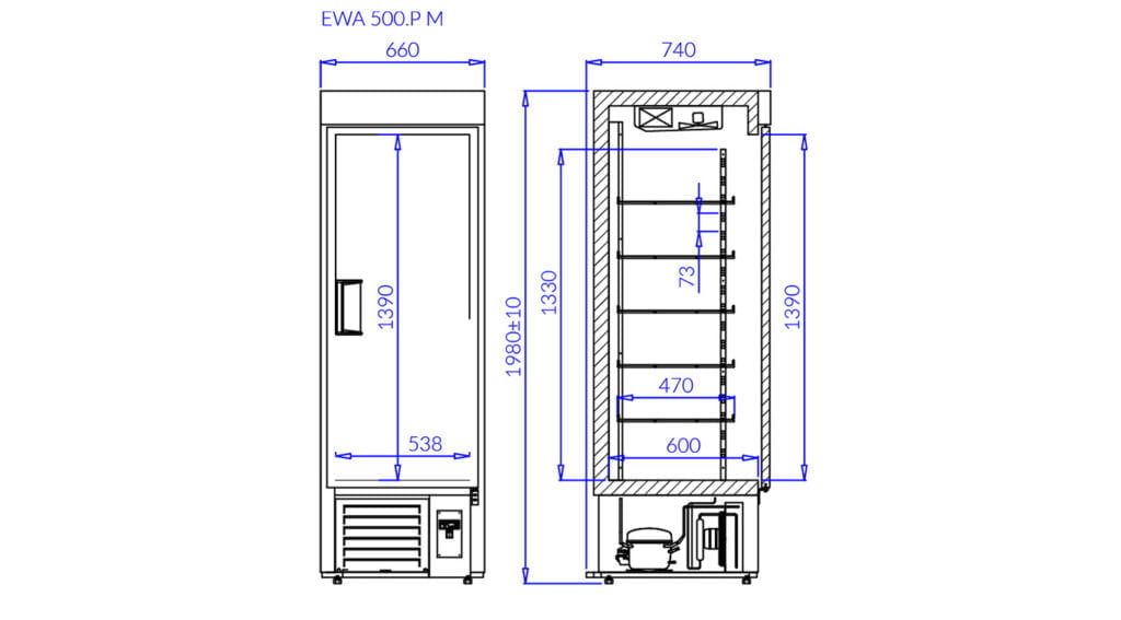 Rys. techniczny szafa chłodnicza Ewa 500 P M